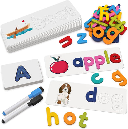 Coogam Reading & Spelling Learning Toy, Wooden Letters Flash Cards Sight Words Matching ABC Alphabet Recognition Game Preschool Educational Tool Set for 3 4 5 Years Old Boys and Girls Kids