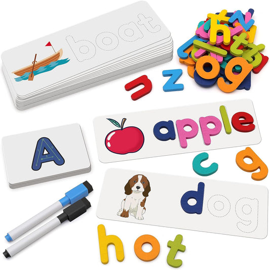 Coogam Reading & Spelling Learning Toy, Wooden Letters Flash Cards Sight Words Matching ABC Alphabet Recognition Game Preschool Educational Tool Set for 3 4 5 Years Old Boys and Girls Kids