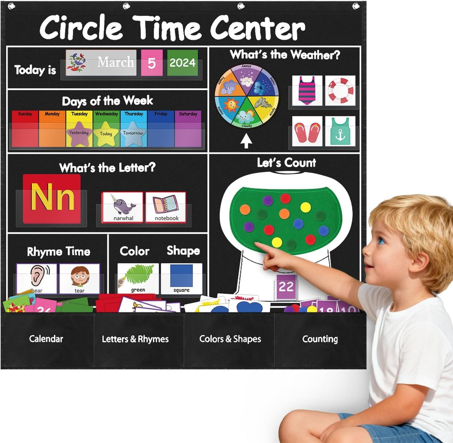 Circle Time Learning Center Pocket Chart for Classroom, Dry Erase Alphabet & Number Flash Cards, Write ABC Letter Tracing Writing Practice Games for Kids, Learning Weather Counting Color Shape