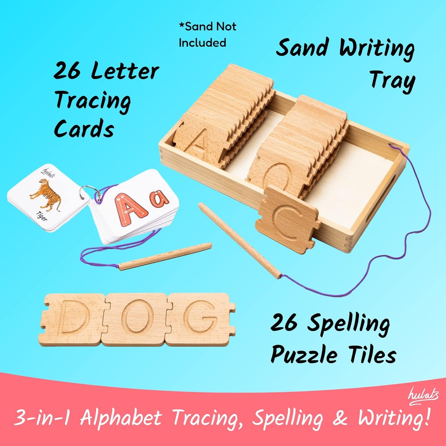 Hulats Learn to Write: Portable Wooden Alphabet Letter Tracing Sensory Pad Board - Toddler Writing Practice for Kids Age 3-5, Montessori Toys for 3+ Year Old, Letter Tracing for Kids 3-5 Writing Tools