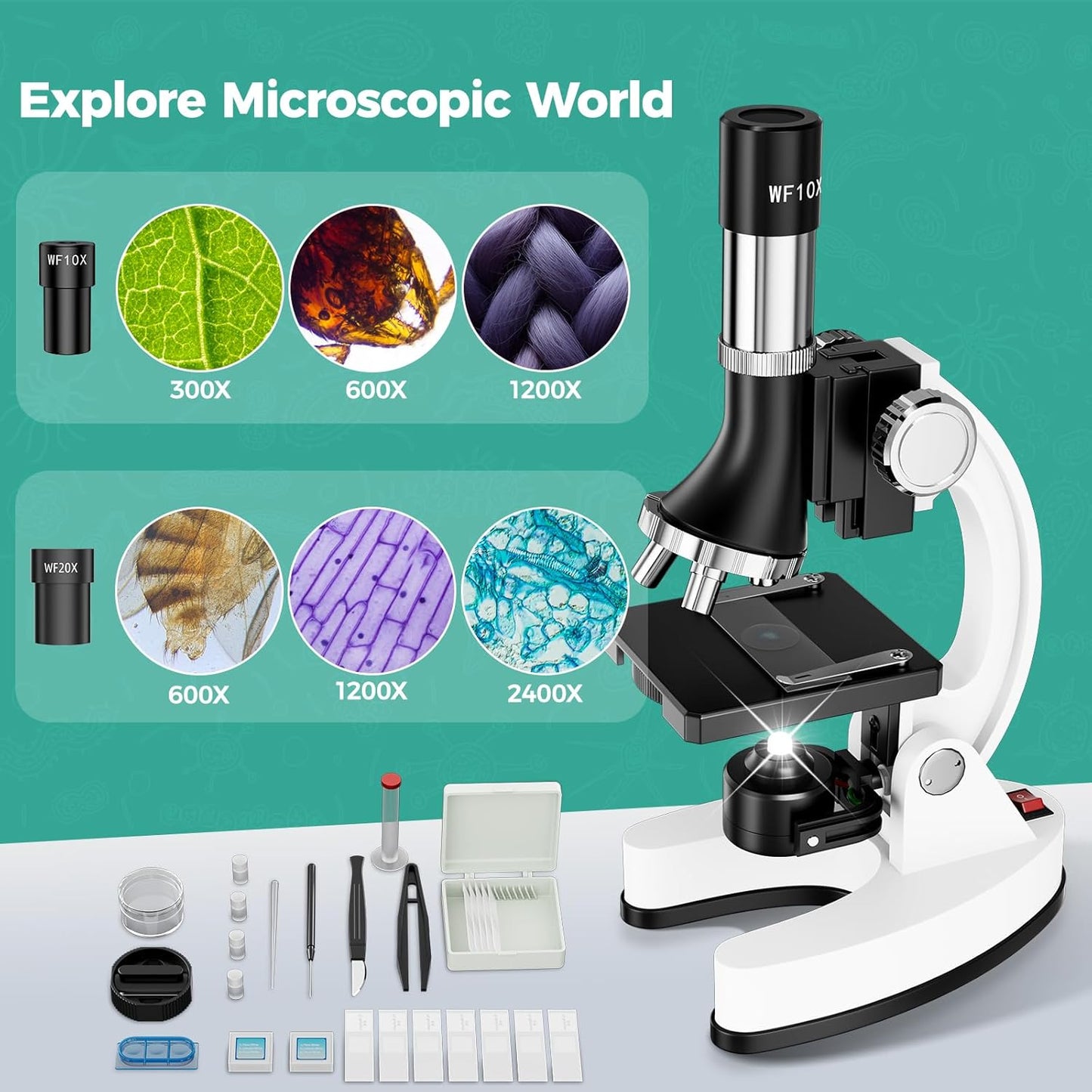 USCAMEL Kids Microscope Science Kit - 1200X Microscope for Kids 8-12 with Prepared Slides Metal Body LED Light Carrying Box Educational Compound Toy Set for Children Ages 5 Year Old Boys & Girls Gift
