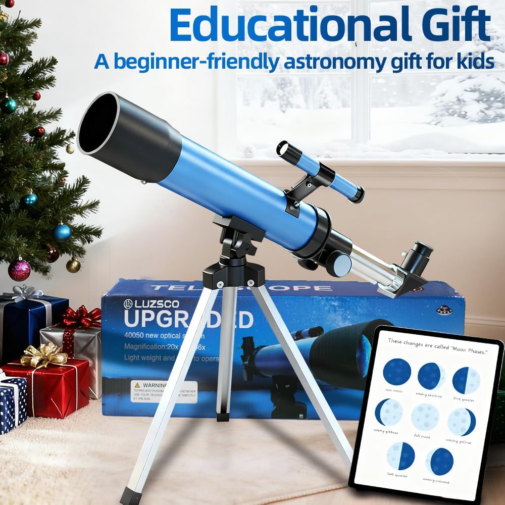 Telescope for Kids 50mm 100x Magnification Beginner Telescopio with Tripod, 2 Eyepieces & Finder Scope, STEM Educational Gift for Boys & Girls Ages 6-12, Portable Kids Telescope for Astronomy