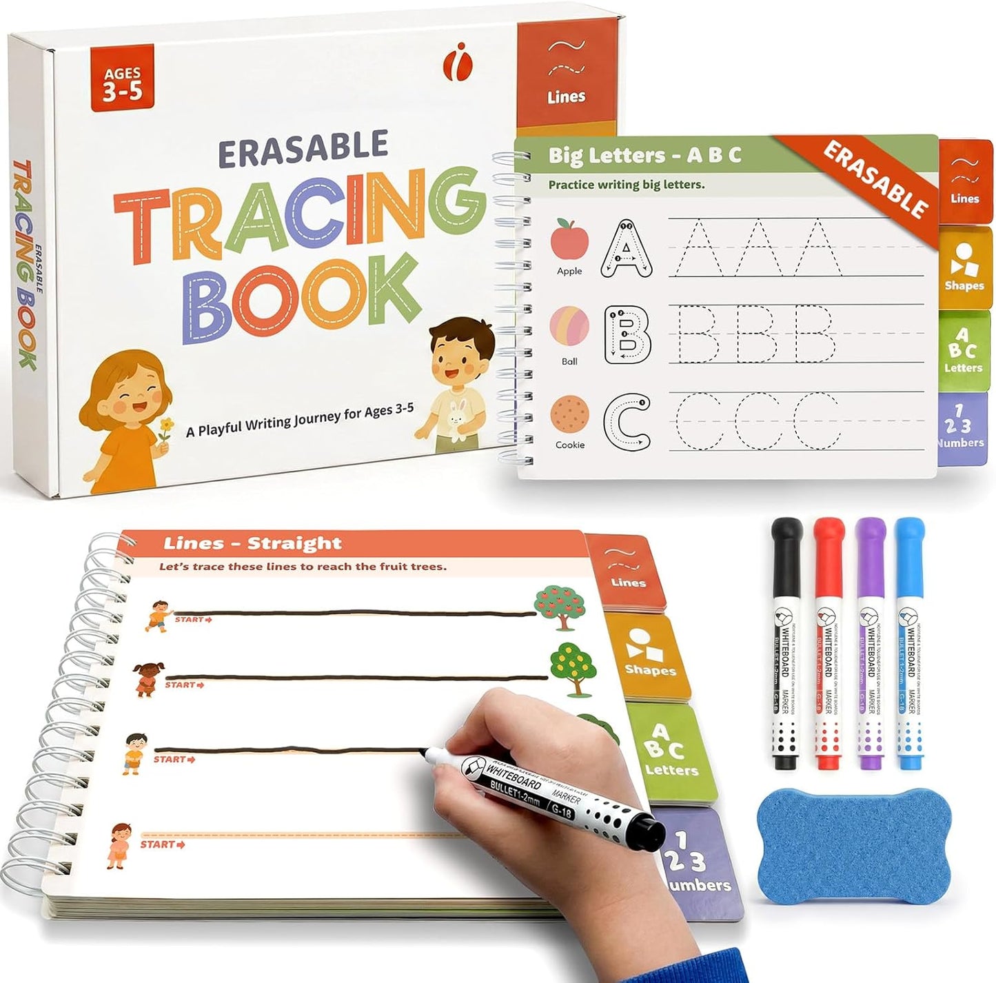 inamio Tracing Book for Kids Ages 3-5 - ABC Preschool Learning Activities, Reusable Handwriting Workbook, Childrens Busy Books for Pen Control - Alphabet & Letter Handwriting Practice for Kids