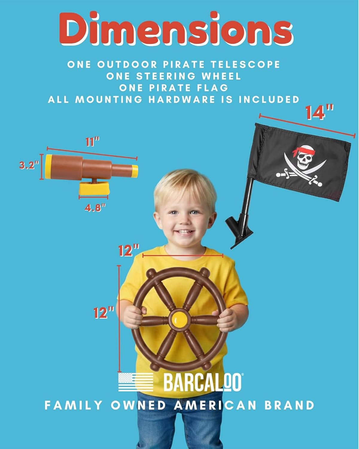 Barcaloo Playground Equipment Bundle Set with Kids Pirate Telescope, Pirate Steering Wheel & Flags, Jungle Gym Playset Accessories for Backyard Swings, Playground Set for Backyards