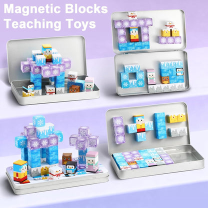 QOUBAI 45PCS Mini Magnetic Blocks Travel Toys, Magnet Building Cubes Tiles Set with Portable Iron Case, Learning Activities Gifts for Kids Toddlers Boys & Girls Ages 3-8 (Construction)