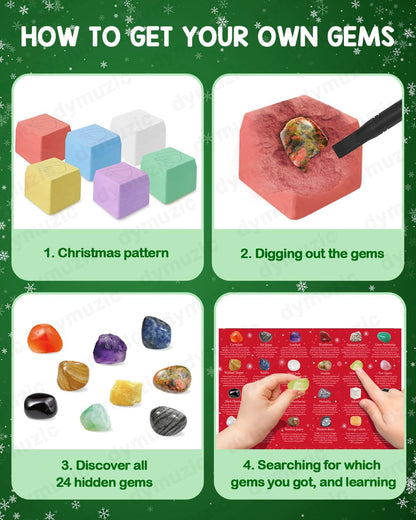 Advent Calendar 2025 Kids, Gemstone Dig Kit Advent Calendar - Dig Up 24 Real Gemstones, Rokcs, and Crystals, Gem Digging Kit, Gift for Girls and Boys,