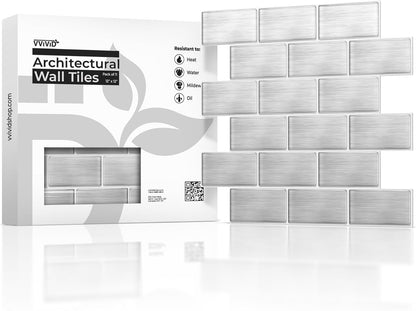 VViViD 11 Sheets Peel and Stick Grey Gloss Faux Ceramic Brick Wall Tiles, Self Adhesive Backsplash 12”x12”, 2mm Thick Kitchen, Bathroom (11 sq. ft.)
