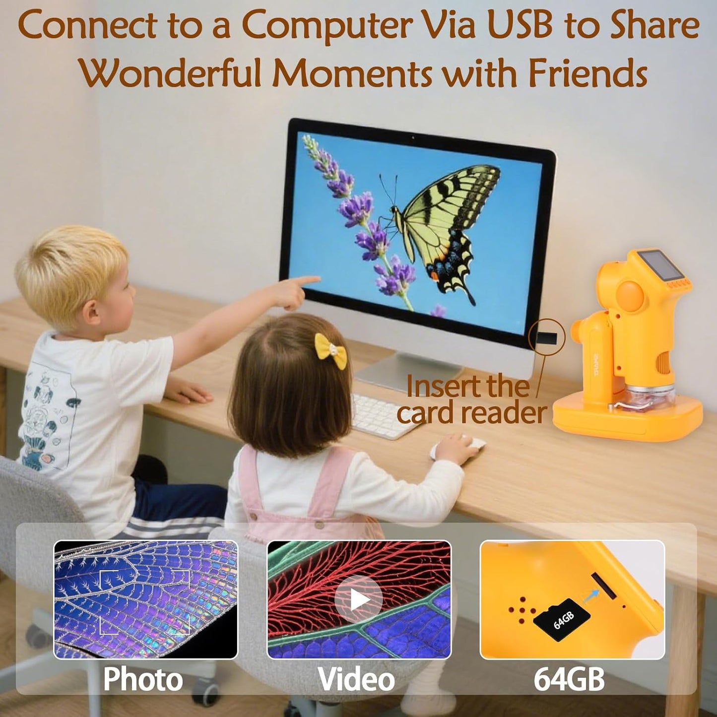 1600X Kids Microscope, Detachable Microscope for Kids Handheld Mini Digital Microscope with Photo Video Function, Rechargeable Educational Toys with 64GB, 6 Slides and Easter Gifts for Kids