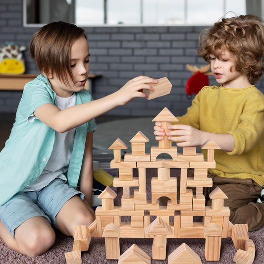 100 Pcs Kids Natural Colored Wood Building Block Toys Wooden Blocks Building Blocks for Toddlers Preschool Learning Toys Stacking Block Birthday Gifts for Toddlers