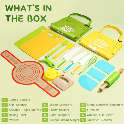 13 Pieces Montessori Kitchen Toys for Toddlers-Kids Cooking Sets Real-Toddler Toys Set for Real Cooking with Plastic Children Safe Knives Crinkle Cutter Kids Cutting Board