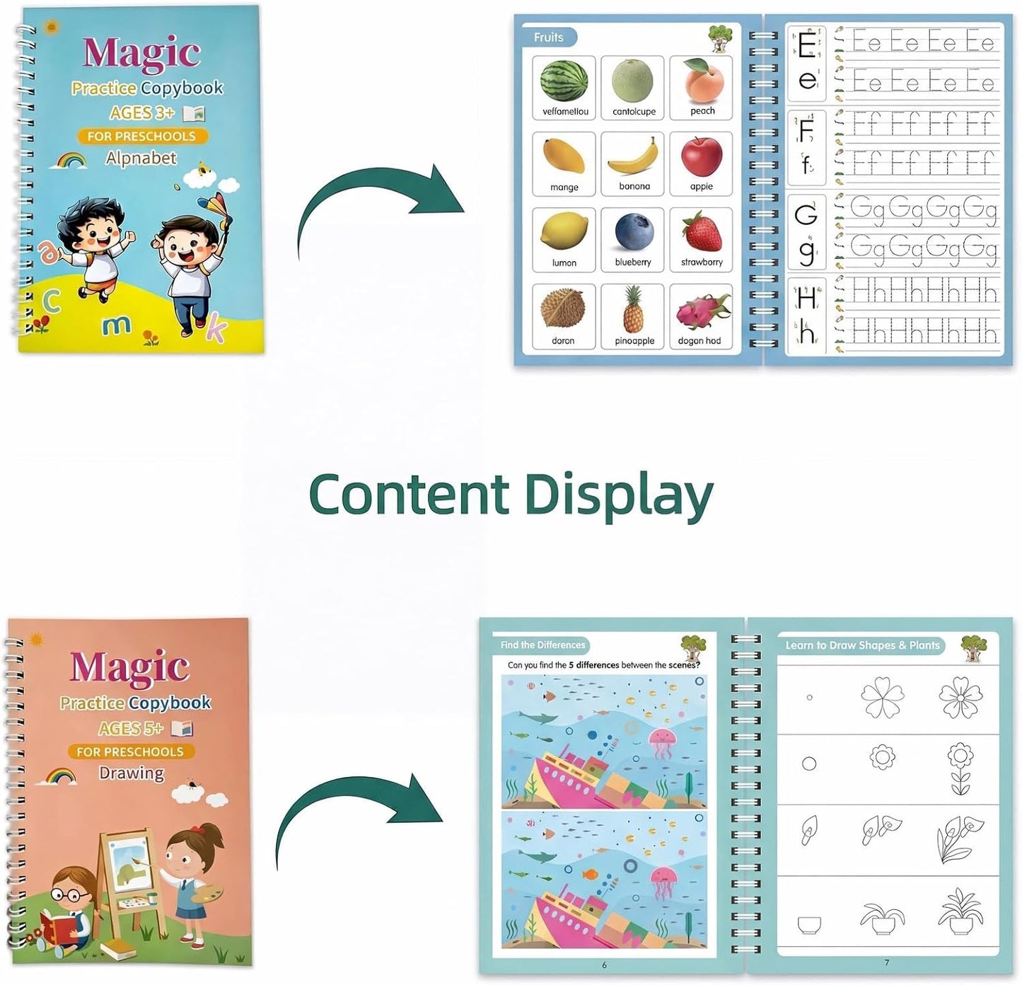 3D Magic Grooved Writing Practice Books for Kids 3-5 4-8, Reusable Groove Handwriting Books with Disappearing Ink, Preschool Learn to Write Tracing, Kindergarten Homeschool Classroom (4 PACK )
