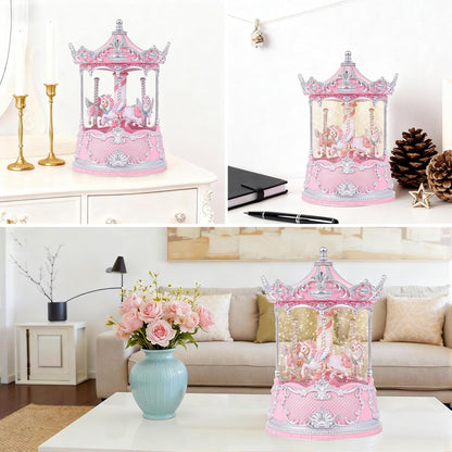 Gifts for Mom Pink Carousel Horse Snow Globe Music Box with Rotating Horses Musical Unicorn Snow Globe with Glitter for Girls, Women, Mom, Birthday Gifts Home Decorations (Pink Silver Carousel)