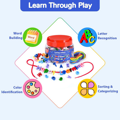 278 Pcs Lacing Letters Beads, 10 Color Alphabet Letter Beads Learning Toys with 18 Laces, Lowercase ABC Bead Letters Toys for Kids Ages 3+, Home Manipulatives for Preschoolers, Back to School Supplies