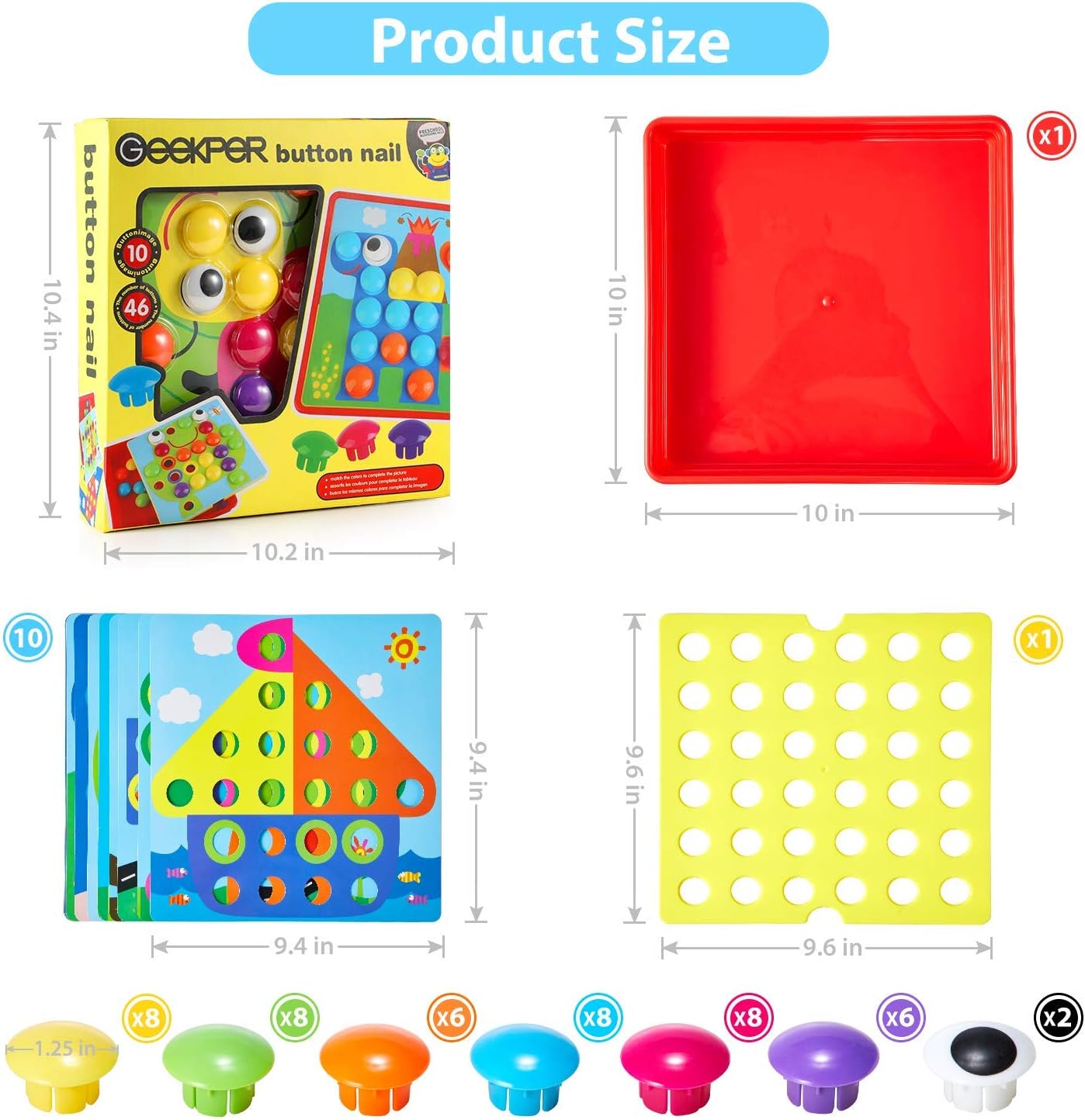 Geekper 96 PCS Button Art Toys for Toddlers, Color Matching Mosaic Pegboard Early Learning Educational Toys for 3, 4, 5, 6 Year Old Kids Boys and Girls Gifts, Including 24 Pictures and 72 Buttons