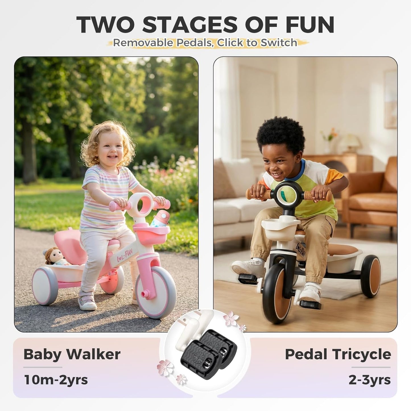 Tricycle for Toddlers 1-3 Years Old Toy, Adjustable Kids Bike for Boys Girls Birthday Gift Age 2-4, Baby Trike with Storage Baskets & Removable Pedals