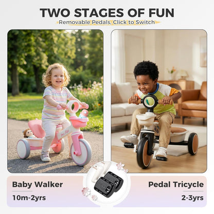 Tricycle for Toddlers 1-3 Years Old Toy, Adjustable Kids Bike for Boys Girls Birthday Gift Age 2-4, Baby Trike with Storage Baskets & Removable Pedals