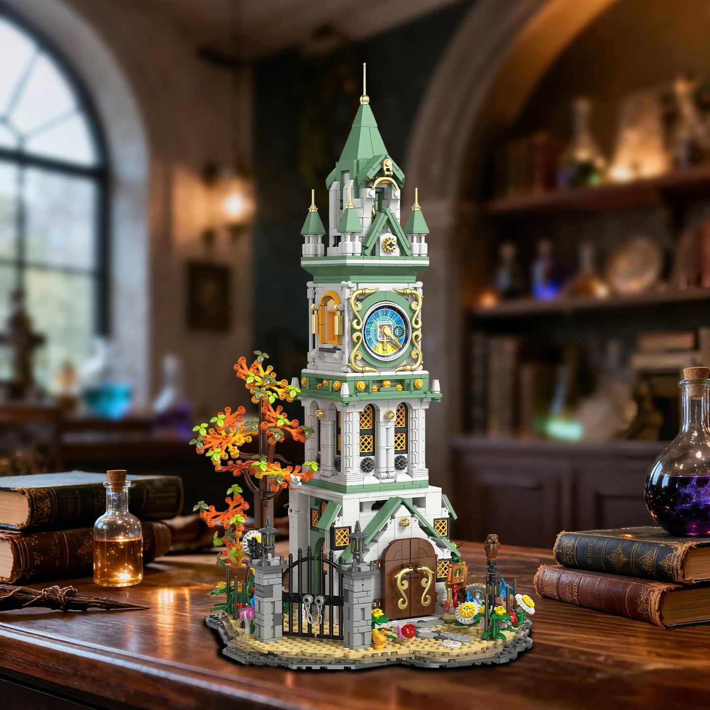 INSOON Magic Clock Tower Building Set with Light, 1566 PCS Big Medieval Castle House Construction Model with Owl & Garden, Home Decor Building Block Kit, Gift for Mothers Adults Teens Boys Girls 12+