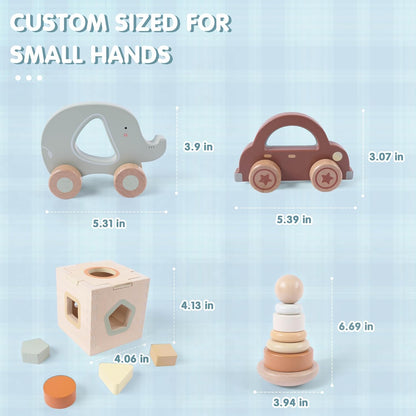 FReniland Wooden Baby Toy Set for 12M+, Montessori Grasping & Stacking Toys, Elephant & Car Sensory Toys, Natural Wood Fine Motor Skill Development Gift for Boys & Girls