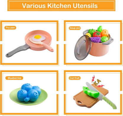 150Pcs Kitchen Playset, Toddlers Pretend Cooking Cookware Accessories, Food, Picnic Blanket, Fruits, Veges, 2Pack Shopping Storage Basket, Dessert and Prop Money, Gift for Kids (Pink)