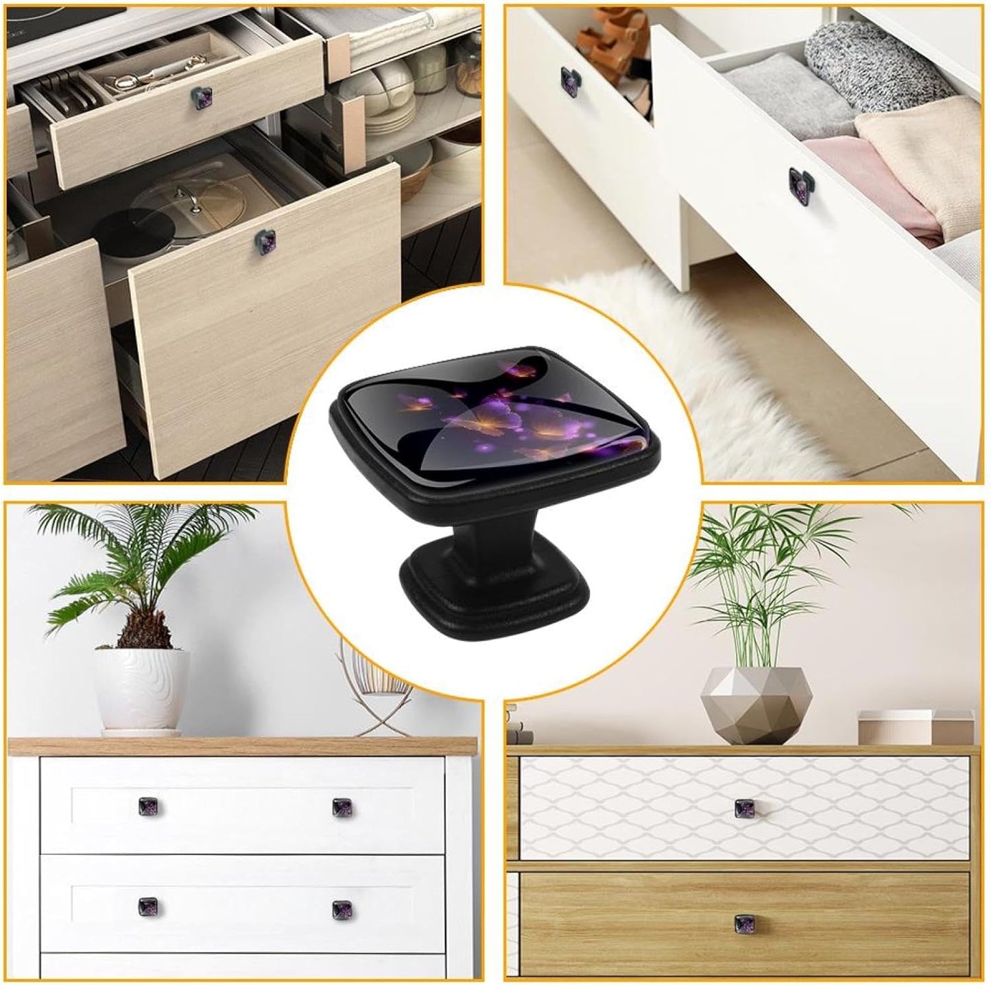 4 Pack Cabinet Knobs Drawer Pulls, 30mm Round ABS Glass Drawer Hardware Growing Purple Butterflies Cabinet Handles with Screws for Dressers Kitchens Cupboard