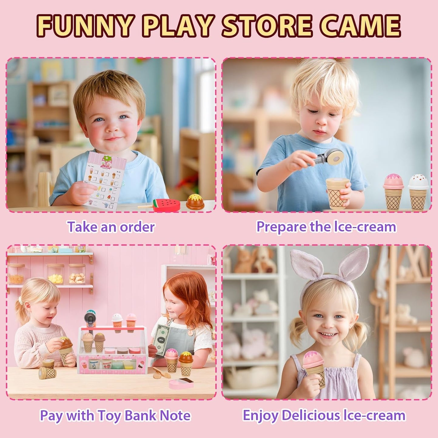 ZJEFUNS Wooden Ice Cream Toys for Kids Ice Cream Counter Shop for Toddlers Pretend Play Food Scoop and Serve with Scoop & Menu & Fake Money for Boys and Girls Ages 3 4 5 6 (Beige)