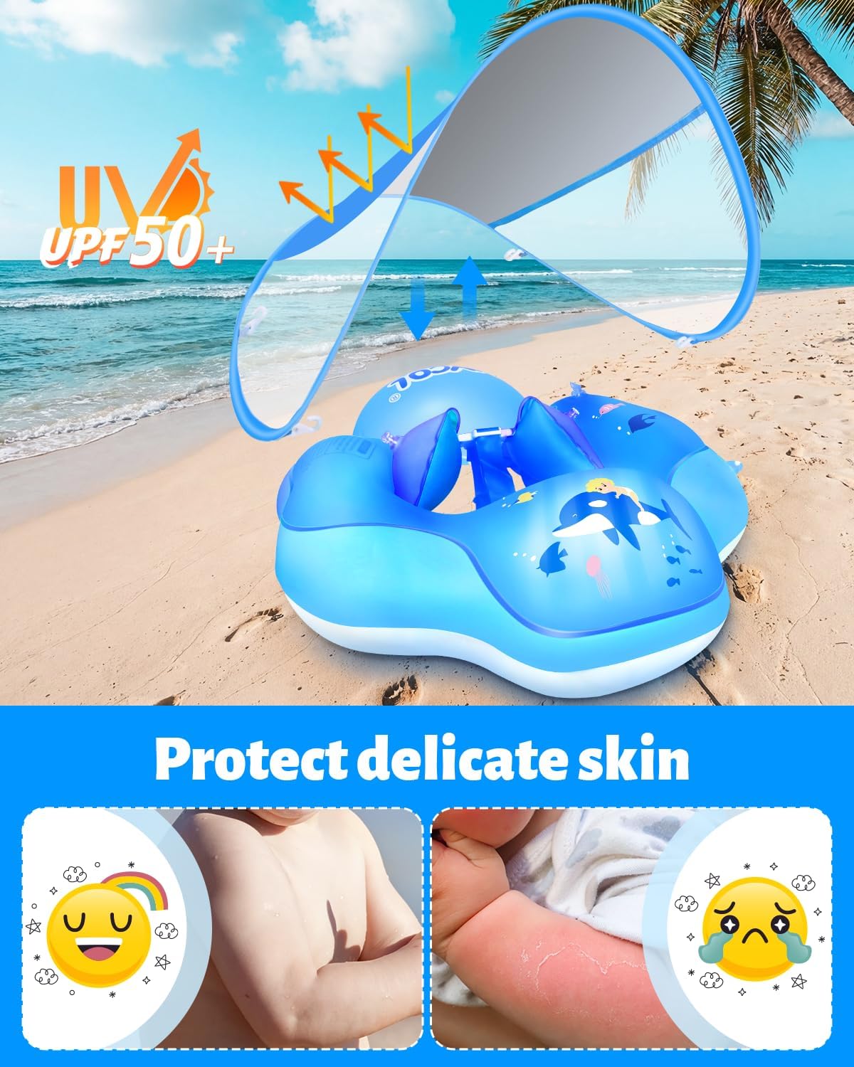LAYCOL Baby Pool Float with Canopy UPF50+, 5 Point Safety Buckle No Flip Over, Inflatable Toddler Floaties Infant Pool Floats with Double Air Chambers, Baby Beach Essentials/Traval for 3-36M