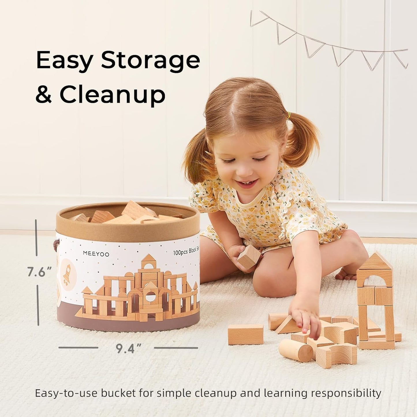 100pcs Natural Beech Wooden Building Blocks for Toddlers 1-3, Wooden Blocks for Baby Shower with Storage Bucket, Montessori Toys for Preschool Girls and Boys