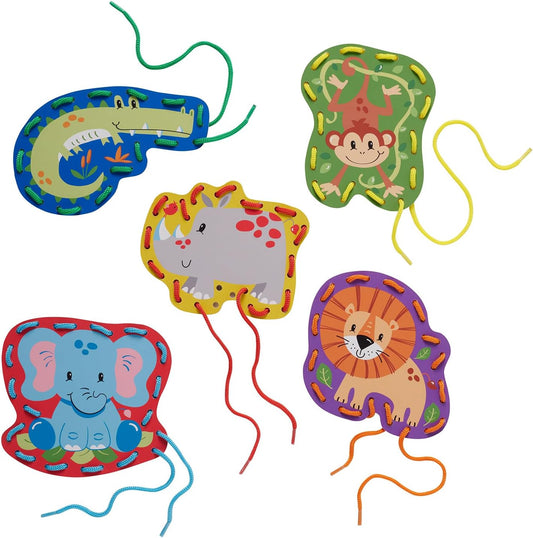 Serabeena Lacing Cards for Kids Ages 3-5 - Safari Animal Sewing Cards | Screen-Free Toddler Lace-Up Toy & Activity with 5 Laces & Storage Box for Hand-Eye Coordination and Fine Motor Skills