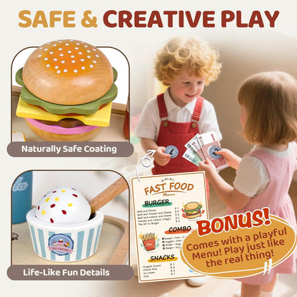 Wooden Play Food for Toddlers Pretend Play Sets 3-5 Year Old Food Toy Kitchen Accessories Birthday Gift for 3 Year Old Girl Boy 2-4 Age 4 5 6 Wood Educational Toys
