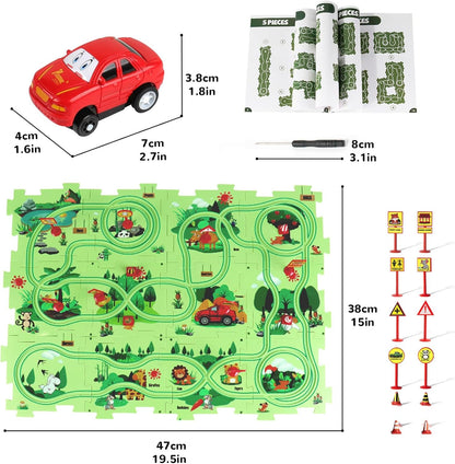 Plastic Floor Puzzles for Kids Ages 3-5, Puzzle Track Car Play Set, Educational Montessori Toys for 3 4 5 6 Year Old Boys, 3 4 5 6 Year Old Boy Birthday Gift, Boy Toys Age 3