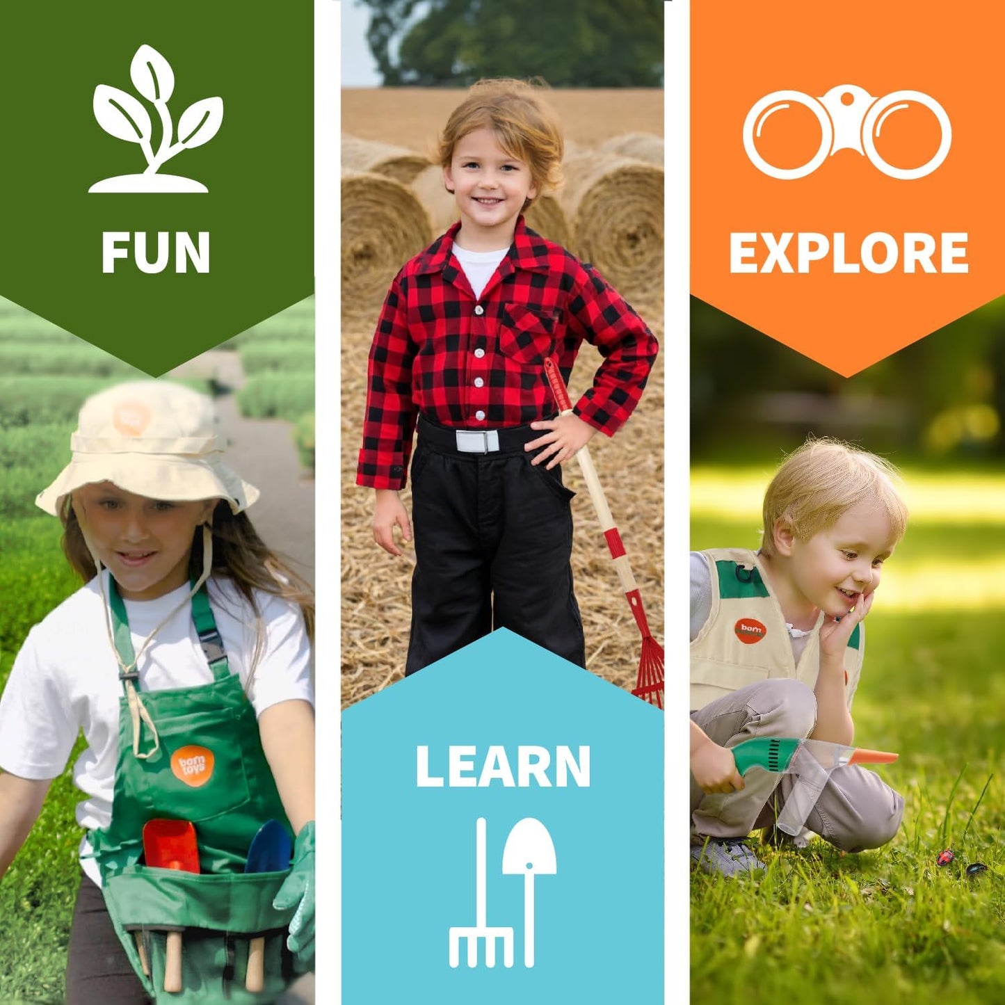 Born Toys Kids Garden Set for Boys & Girls Ages 3-7, Toddler Gardening Kit with Kids Gardening Tools - Gardening Apron, Gloves, Hat, Working Spray Bottle, Trowel Shovel & Rake, Outdoor Activity Toys