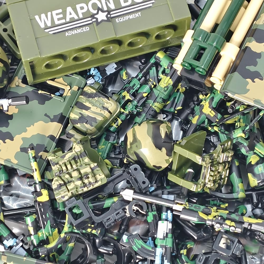 390+ Pcs Military Weapon Pack Building Blocks Toys Army Weapon Set Soldier Gear Set SWAT Accessories Kits, Camouflage Helmet Tactical Vest Shields Gatling, Compatible with Major Minifigure