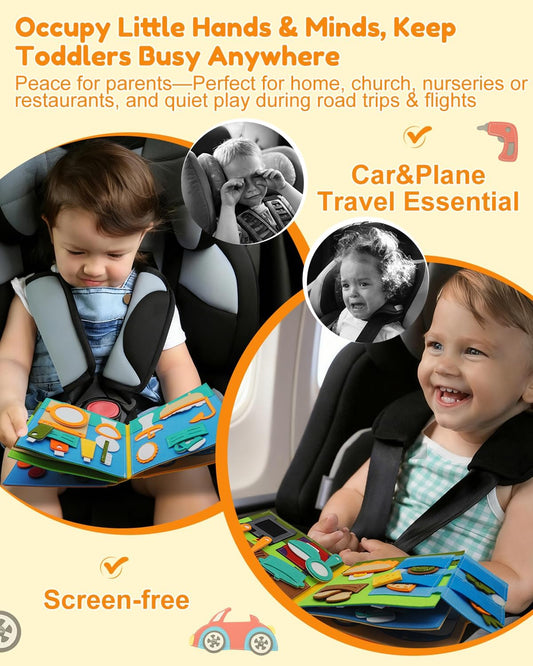 Felt Busy Book for Toddlers 1-3, Montessori Busy Board for 1 Year Old, Quiet Book Airplane Travel Toys, Sensory Early Learning Educational Toy, Road Trip Activity Books, Girls Birthday Gifts