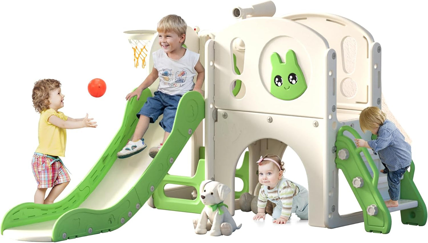 NYEEKOY 8-in-1 Toddler Slide and Climber Playset, Kids Slide Playground with Stairs, Tunnel, Telescope, Storage, Basketball Hoop and Ball, Indoor Outdoor, 1-3 Years Old, Blue