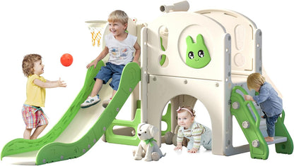 NYEEKOY 8-in-1 Toddler Slide and Climber Playset, Kids Slide Playground with Stairs, Tunnel, Telescope, Storage, Basketball Hoop and Ball, Indoor Outdoor, 1-3 Years Old, Blue