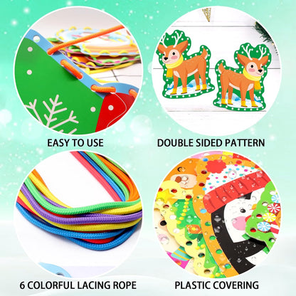 Winter Animal Lacing Cards For Kids 12 Packs Double Sided Sewing Kits Christmas Sewing Cards Educational & Learning Activities Fine Motor Skill for Boys Girls School Winter Holiday Party Supplies