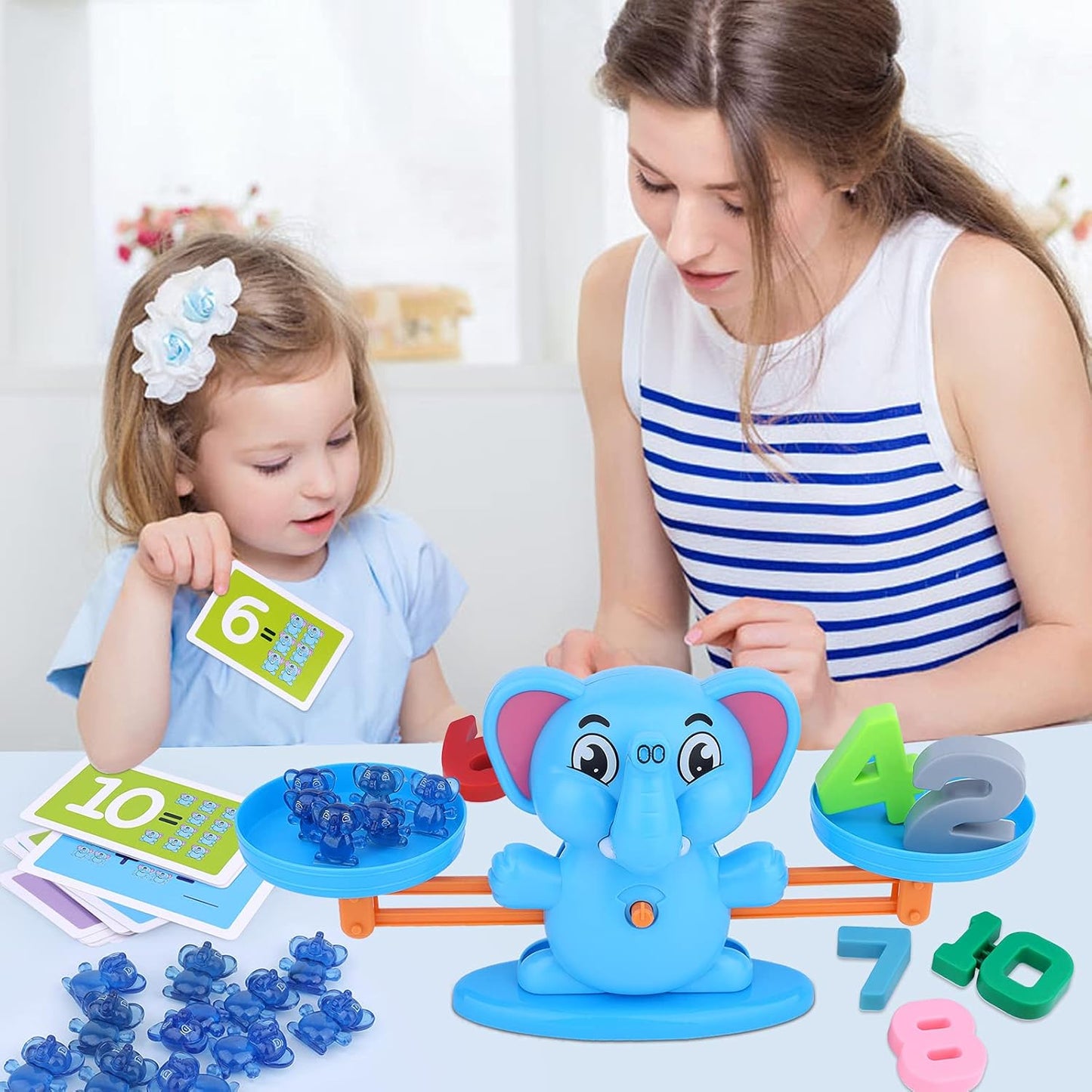 Elephant Balance Game Toy, STEM Educational Math Number Balance Game, Learning Counting Number Toy with Little Elephants, Numbers, Suitable for Toddlers Boys Girls 3 Years and up(Blue)