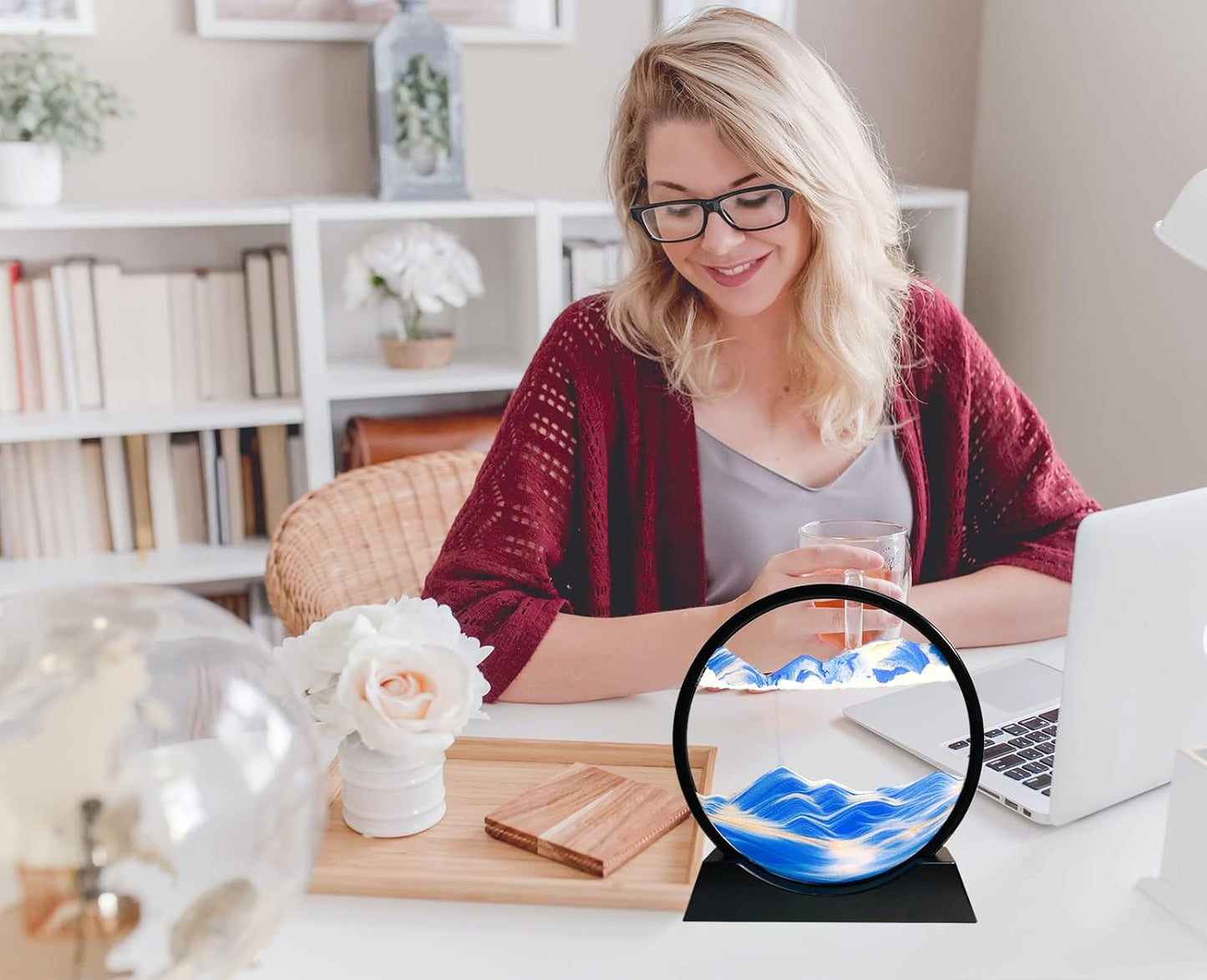 SANDCLE Moving Sand Art Liquid Motion - Moving Sand Art Picture Decor 3D Deep Sea Sandscape, Round Glass Frame Display Flowing Sand Relaxing Toy for Desktop Home Office Work Decoration(Blue, 12")