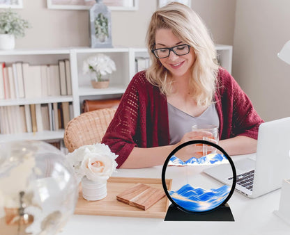 SANDCLE Moving Sand Art Liquid Motion - Moving Sand Art Picture Decor 3D Deep Sea Sandscape, Round Glass Frame Display Flowing Sand Relaxing Toy for Desktop Home Office Work Decoration(Blue, 12")