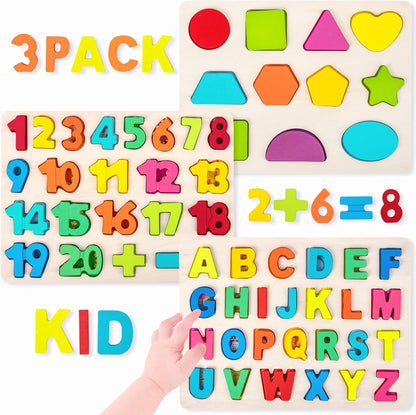 Attmu Wooden Puzzles for Toddlers, 6 Pcs Alphabet Puzzle ABC Shape Number Animal Farm Puzzle, Learning Toys for Kids, Preschool Educational Activities Toddler Gift Toys for Girls Boys Christmas Easter