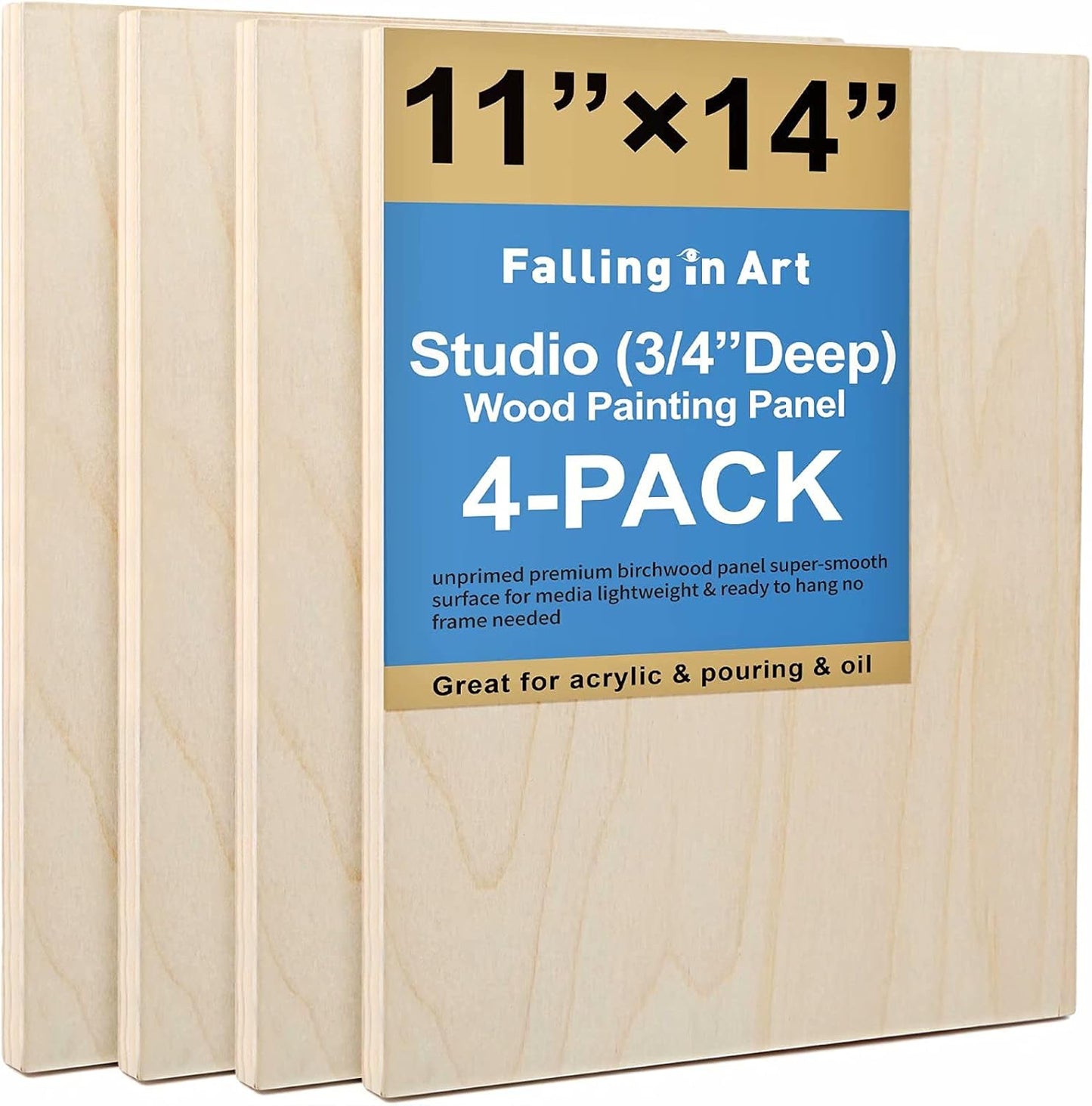 Falling in Art Unfinished Birch Wood Canvas Panels Kit, 4 Pack of 8x10’’ Studio 3/4’’ Deep Cradle Boards for Pouring Art, Crafts, Painting, and More
