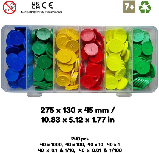 Place Value Disks, Set of 120 Hundreds Tens and Ones, 100 10 1, Recycled Plastic Math Counters - plavalmat®