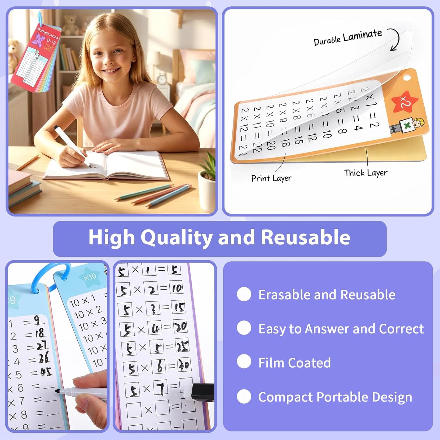 15Pcs Times Tables Multiplication Flash Cards, 0-12 Times Table Math Flash Cards with 2 Dry Erase Markers and 1 Ring, Multiplication Chart for 1st to 3rd Grade Learning