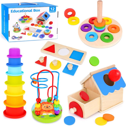 KMTJT Montessori Educational Toys for 1+ Year Old Toddler, 1st First Birthday Gifts for 1-2 Years, Includes Stacking Cups, 2 in 1 Object Permanence Box, Bead Maze, Mirror Puzzle and More