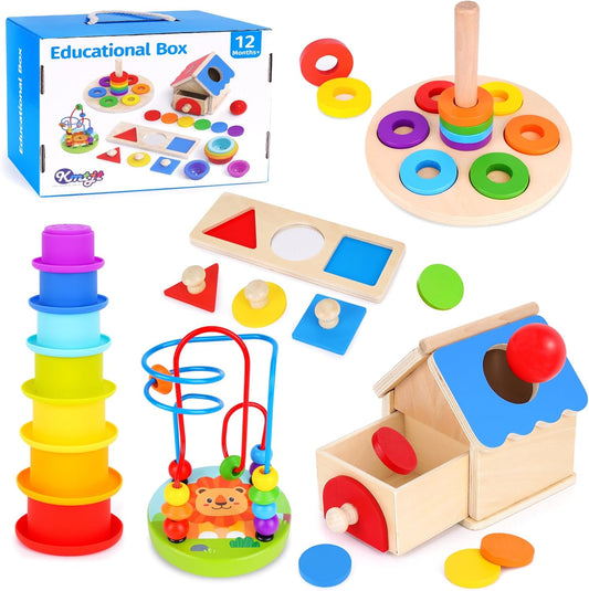 KMTJT Montessori Educational Toys for 1+ Year Old Toddler, 1st First Birthday Gifts for 1-2 Years, Includes Stacking Cups, 2 in 1 Object Permanence Box, Bead Maze, Mirror Puzzle and More