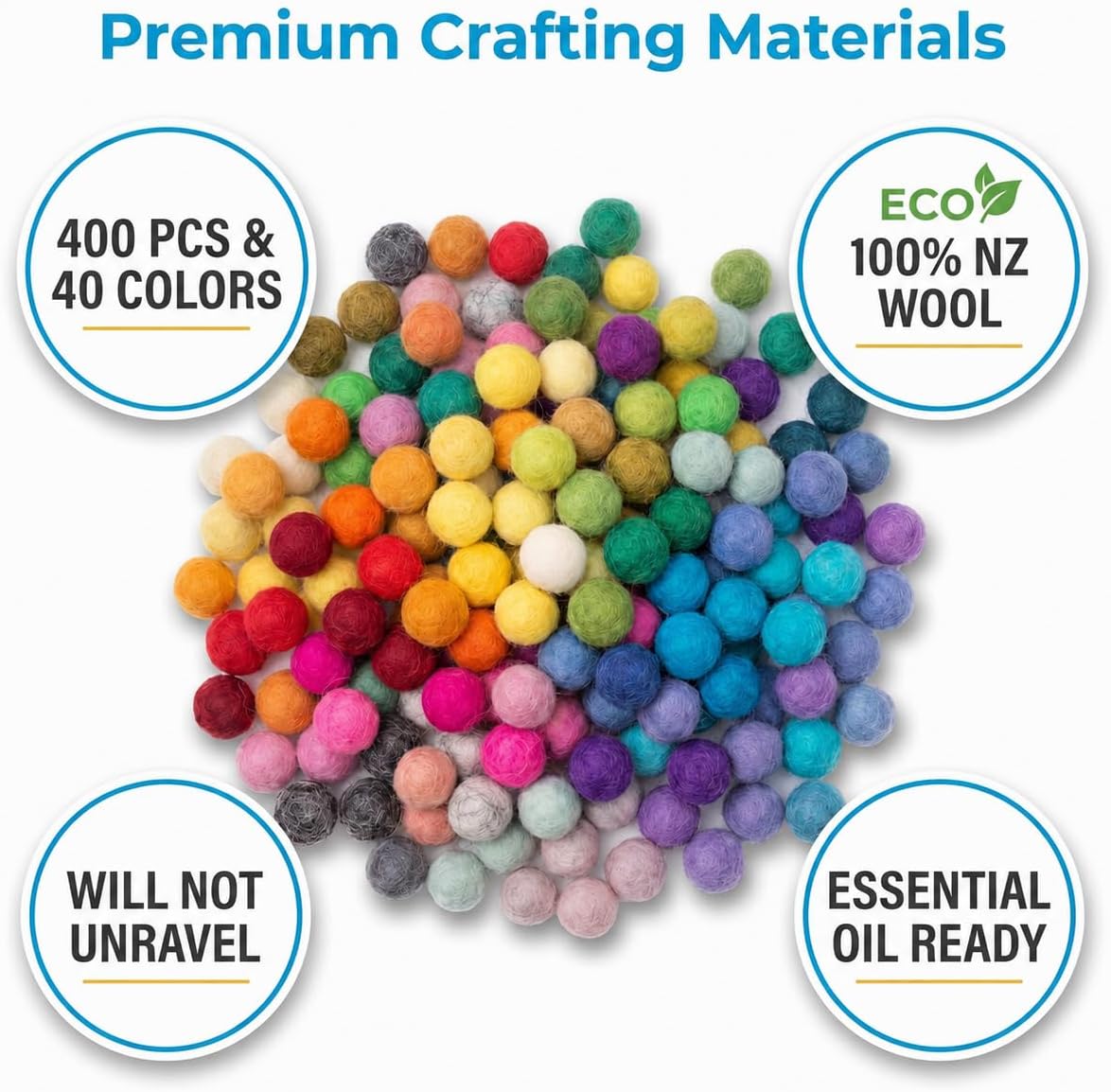 Glaciart One Wool Felt Balls Super Small (240 Pieces) 0.5 Centimeter - 0.2 Inch, Tiny Handmade Felted 40 Color (Red, Blue, Yellow, Black, Pastel and More) Bulk Small Puff for Felting and Jewelery