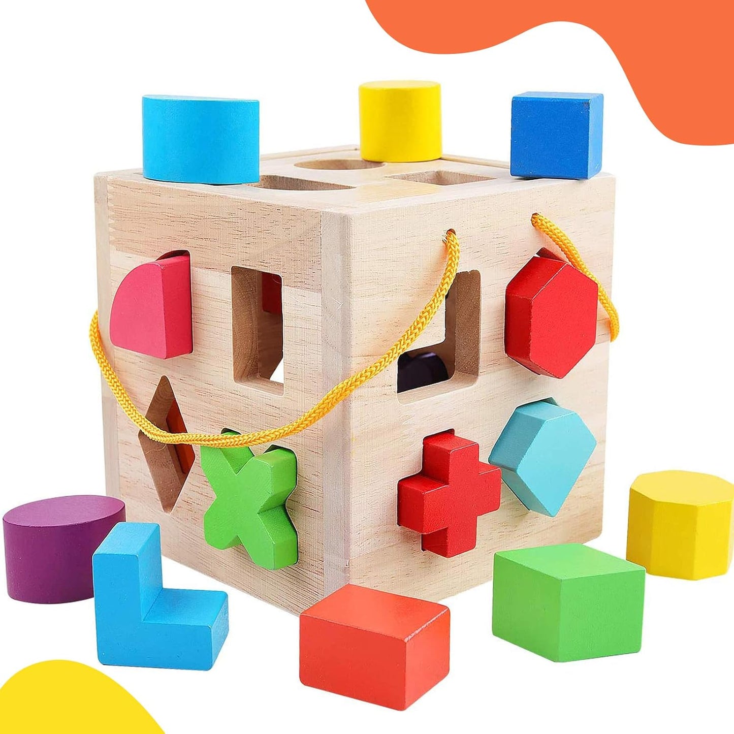 QZMTOY Shape Sorter Toys with 19 Shape Blocks, Classic Wooden Toys for Toddlers Kids, Gift for Girls Boys 2-4 (Natural Solid Wood)