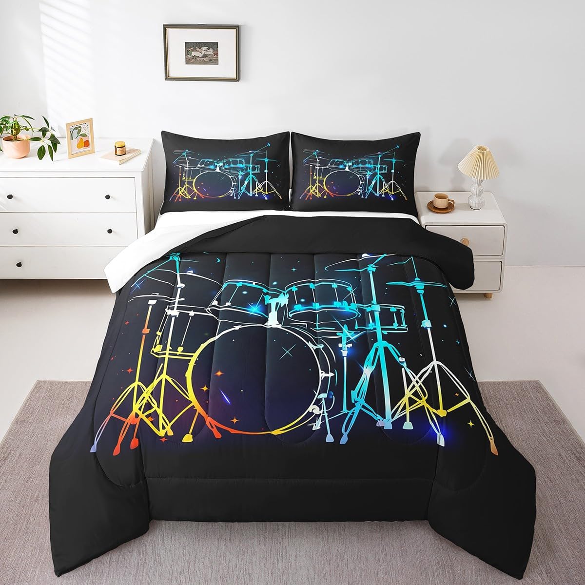 Castle Fairy Drum Kit Comforter Set,Musical Instruments Bedding Set for Kids Girls Women,Adults Rock Music Comforter,Neon Lighting Quilted Duvet Set Bedroom Collection Twin Size 2Pcs