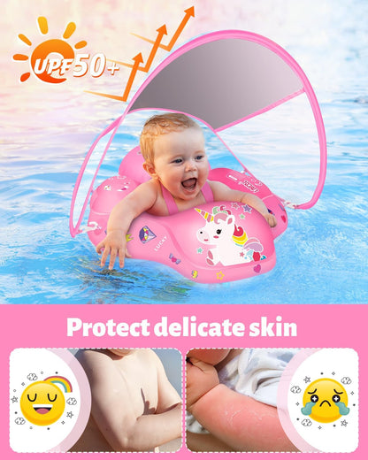 LAYCOL Baby Pool Float with Canopy UPF50+, 5 Point Safety Buckle No Flip Over, Inflatable Toddler Floaties Infant Pool Floats with Double Air Chambers, Baby Beach Essentials/Traval for 3-36M
