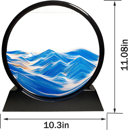 HYUGF 12" Moving Sand Art Picture Ocean Decor - 3D Deep Sea Sandscape Liquid Motion, Round Glass Frame Display Flowing Sand Relaxing Gift for Kids Adults Home Office Work Desktop Decoration Toy, Blue